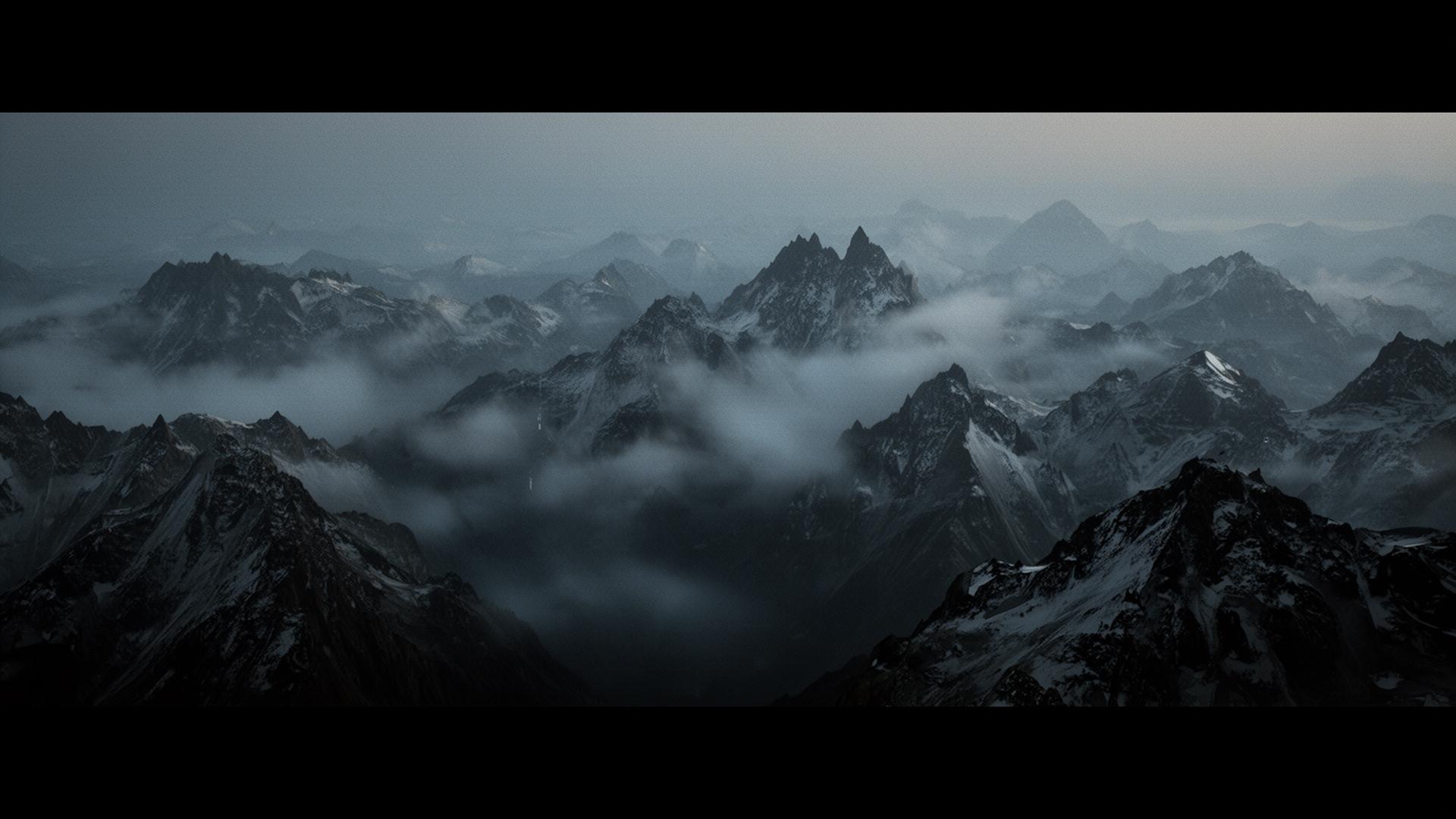 Cold mountain range in fog