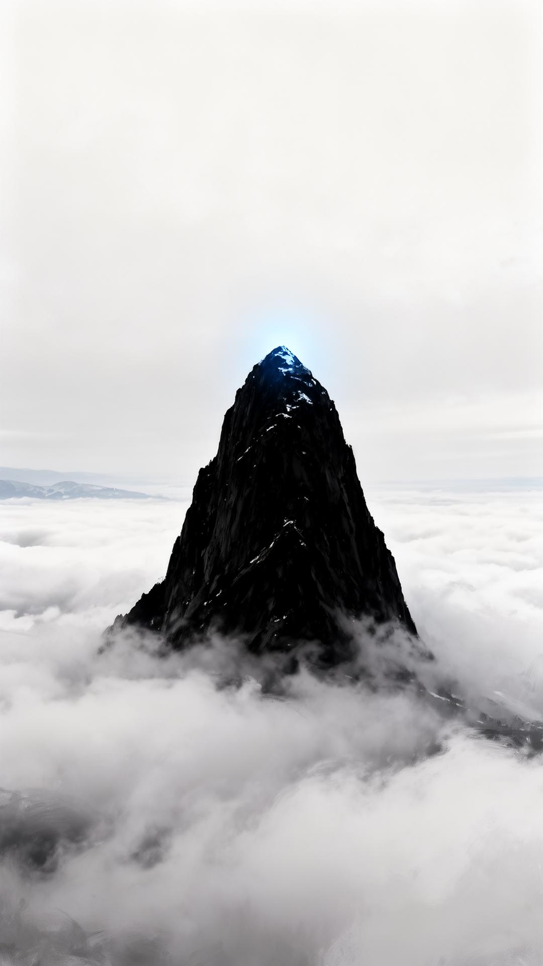 A lone black peak above fog